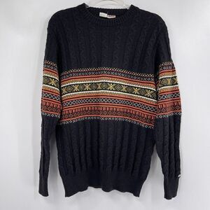 Vintage ELLESSE Wool Black 80s Mens Sweater L Italy Orange Cable knit Fishermens